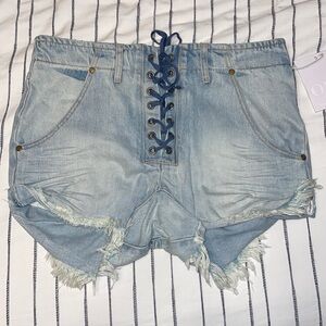 One Teaspoon Light Blue Lace-Up Jean Shorts